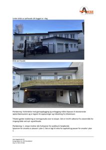 To foton av en eksisterende bygning (østfasade og en annen vinkel) med tilhørende tekstbeskrivelse av planløsning.