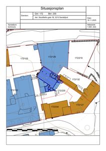 Situasjonsplan som viser eiendomsnummer, adresse, naboeiendommer og bygningsplassering i forhold til tomtegrenser.