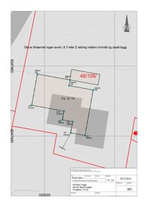 Situasjonsplan som viser innmålt byggefelt med koordinater, areal (FG: 97,74) og avvik mellom innmålt og utsatt bygg.