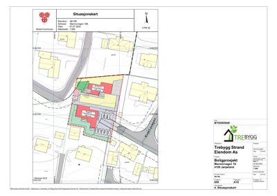 Situasjonskart som viser tomtens beliggenhet, grenser, nabolag og plassering av nye bygg i forhold til eksisterende infrastruktur.