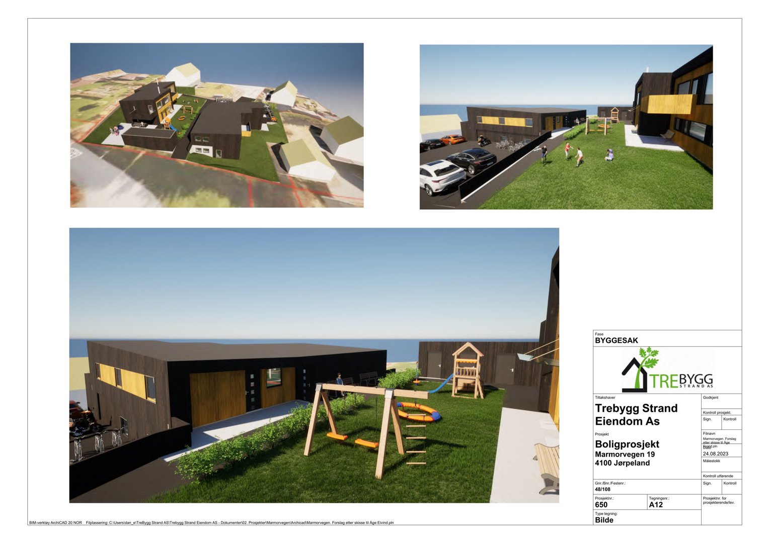 3D-visualiseringer av et boligprosjekt med omgivelser, inkludert fasade, hage og lekeplass.
