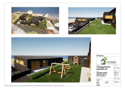 3D-visualiseringer av et boligprosjekt med omgivelser, inkludert fasade, hage og lekeplass.