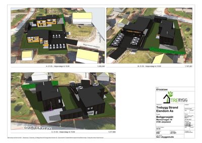 Sol- og skyggestudie som viser bygningens volum og skygger i ulike retninger.