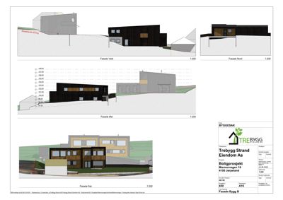 Fasadetegning som viser bygningens utseende fra fire sider (Vest, Nord, Øst, Sør) med skråning og høydemål.