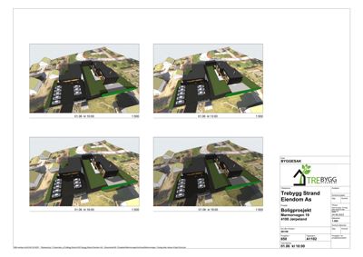 Bildet viser fire 3D-visualiseringer (renderinger) av et boligprosjekt sett fra ulike vinkler, inkludert parkeringsplasser og omgivelser.