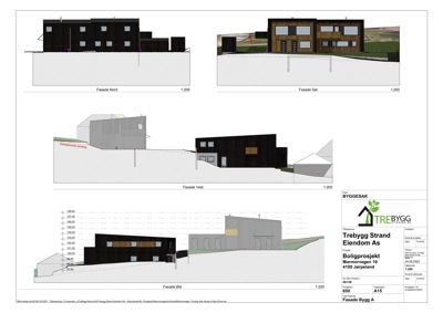 Fasadeopprikk for Boligprosjektet på Marmorvegen. Bildet viser bygningens utseende fra fire sider (Nord, Sør, Vest, Øst) med skisse av terrengforhold.