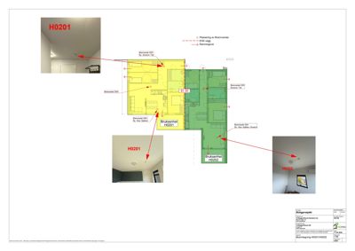Etasjeplan (Bruksenheter H0201 og H0202) med romfordeling, veggtykkelse og tilhørende foto som viser detaljer i rommene.