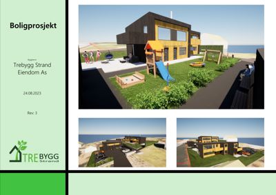 3D-visualisering av et boligprosjekt med omgivelser, inkludert barneplass og biloppstilling.