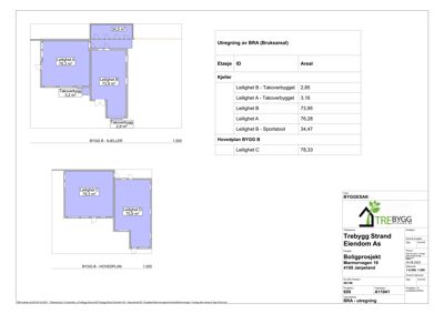 Etasjeplaner (kjeller og hovedplan) med romfordeling og arealoppdeling for leiligheter.