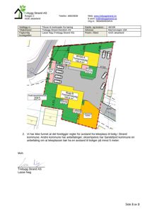 Situasjonsplan som viser tomtens grenser, plassering av bygninger (BYGG A og BYGG B), arealer, parkeringsplasser og tilstøtende infrastruktur.
