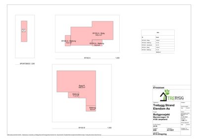 Etasjeplan som viser romfordeling og arealoppdelinger for to bygninger (BYGG A og BYGG B) med spesifikke rom som 'Bolig' og 'Balkong'.