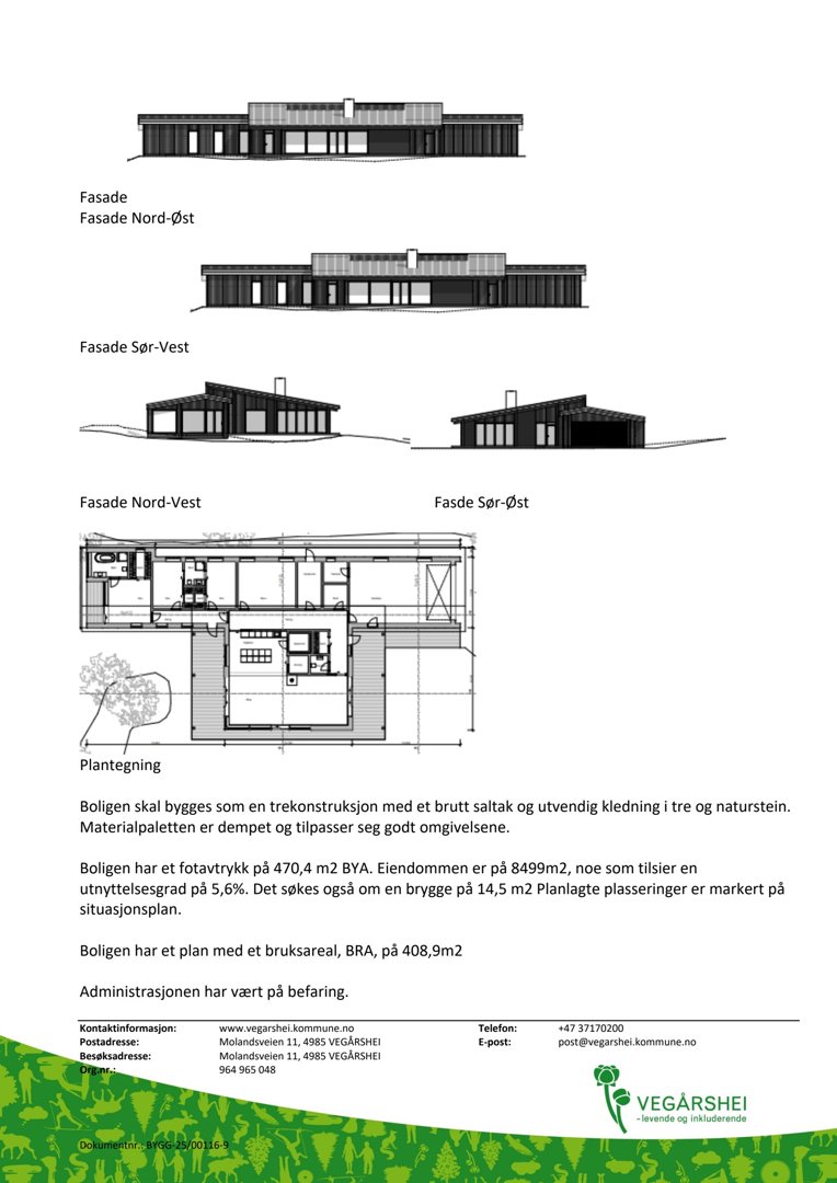 Bildet viser en tegning med fire utsnitt av bygningens fasader (Nord-Øst, Sør-Vest, Nord-Vest og Sør-Øst) samt en plantegning. Det er også tekstbeskrivelse om boligen.