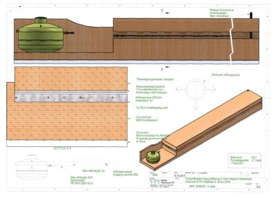 Snittegning (SECTION E-E) som viser detaljer for et trykkinfiltasjonssystem, inkludert lagoppbygging, dimensjoner og materialer.