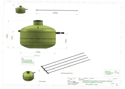 Detaljtegning av en trykinfiltrasjonstank med dimensjoner og komponenter.