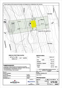 Situasjonsplan som viser tomtegrenser, eksisterende bebyggelse (hytte og attuss), planlagt riving, støttmur, parkeringsplasser (P P), og utnyttelsesgrad (BYA).