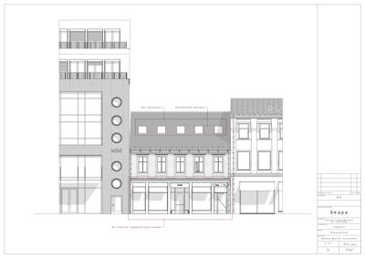 Fasadetegning som viser en bygning med detaljer om vinduer, fasadeteksturer og planlagte endringer.