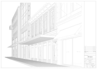 En linjetegning (rendering) som viser fasaden på en bygning med detaljer om vinduer, balkonger og tak.