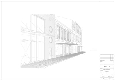 En 3D-visualisering (rendering) av en bygning sett fra gaten, som viser fasade, vinduer og inngang.