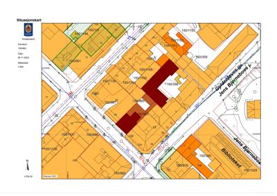 Situasjonskart som viser eiendomsnummer, gater (Jens Bjørneboes gate), biblioteket og nabolag i Kristiansand.