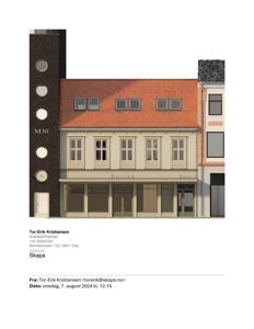 3D-visualisering av en fasade med detaljerte materialer og lyssetting