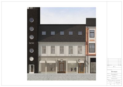 3D-visualisering (rendering) av fasaden på en bygning med forretningslokaler i første etasje.