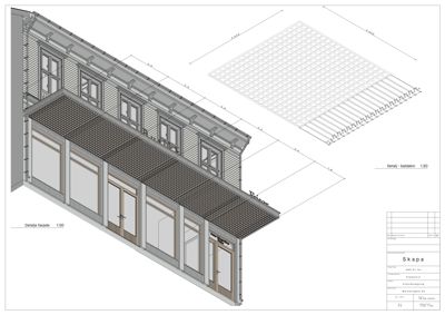 Tegning som viser detaljert oppriss av fasade og et baldakin (takoverheng) med mål og konstruksjonsdetaljer.