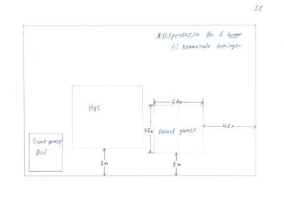 En håndskrevet situasjonsplan som viser plassering av et hus, en dobbel garasje, en gammel garasje/bod og kommunale ledninger med angitte avstander.