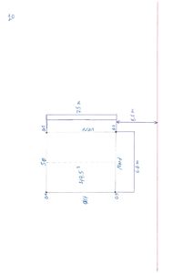 Håndskrevet situasjonsplan som viser en tomt med mål (7,5 m x 6,6 m), retninger (N, S, Ø, V) og areal (49,5 m²).