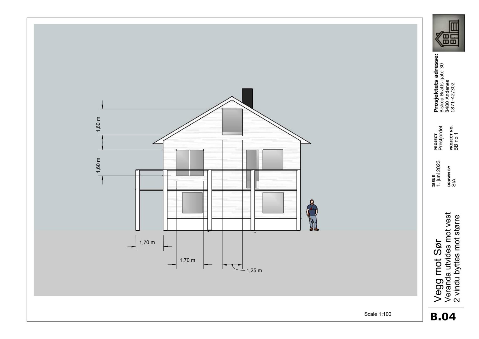Fasadetegning som viser bygningens utseende mot sør, inkludert mål på vinduer, veranda og høyder.