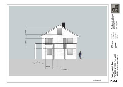 Fasadetegning som viser bygningens utseende mot sør, inkludert mål på vinduer, veranda og høyder.