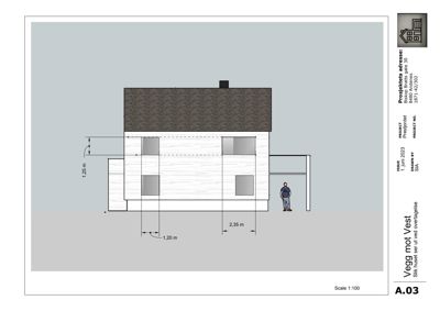 Fasadetegning av en bygning sett fra vest (Vegg mot Vest) med mål og detaljer.