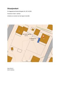 Situasjonskart som viser bygningenes plassering i forhold til hverandre og nabogrenser.