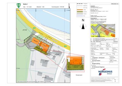 Situasjonsplan som viser tomtens beliggenhet, nabotomter, veier og bygningers plassering med arealdata.