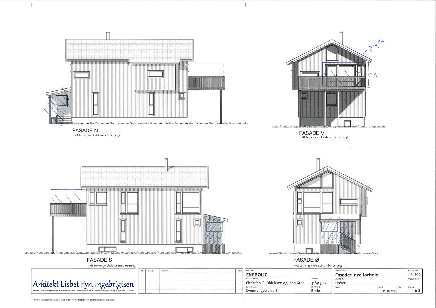 Fasadetegninger som viser bygningens utsyn fra fire sider (N, V, S, Ø) med detaljer om vinduer, dører og takform.