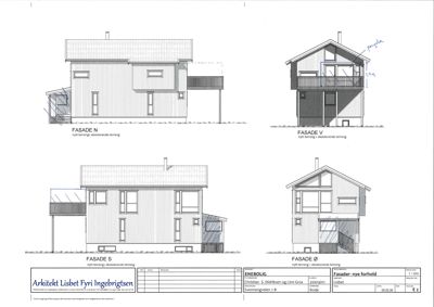 Fasadetegninger som viser bygningens utsyn fra fire sider (N, V, S, Ø) med detaljer om vinduer, dører og takform.