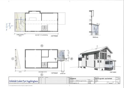 Bildet viser etasjeplaner (1. og 2. etasje) og et snitt (s-a) for en boligprosjekt.