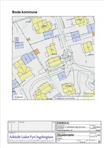 Situasjonsplan for et boligprosjekt i Bodø kommune, som viser tomtene, bygningers plassering og grenser.