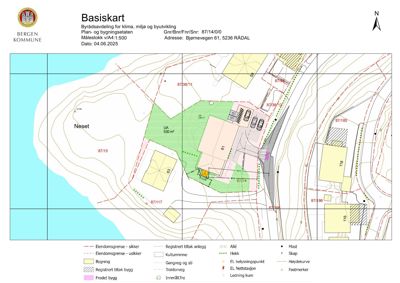 Basiskart (situasjonsplan) som viser tomtens beliggenhet, høydemålerkurver, eiendomsgrenser og nabolag.
