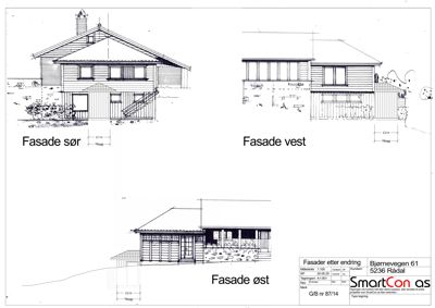 Tegning som viser fasadeoppsett for en bygning sett fra tre ulike sider (sør, vest og øst).