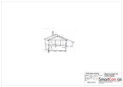 Snittegning av en bygning etter endring, som viser konstruksjon og høyder.