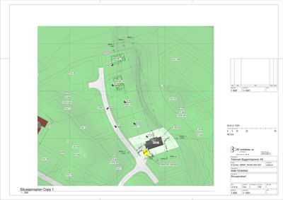 Situasjonsplan som viser tomtens topografi, eksisterende og planlagt bebyggelse samt tilknyttede veier.