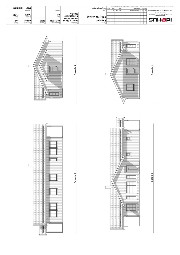Fasadetegning som viser fire utsnitt (Fasade 1-4) av en bygning med takform, vinduer og detaljer.