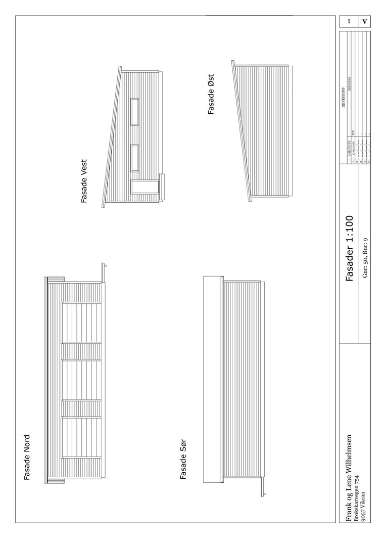 Fasadetegning som viser bygningens utseende fra fire sider (Nord, Sør, Øst, Vest).
