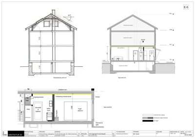 Bildet viser to snittegninger (Eksisterende snitt A-A og Nytt snitt A-A) samt en detaljert planvisning av et snitt (Nytt snitt B-B) som viser romfordeling og konstruksjon.