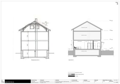 Bildet viser to snittegninger (Eksisterende snitt A-A og Nytt snitt A-A) av en bolig, som illustrerer bygningens tverrsnitt, høyder og romfordeling.
