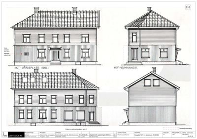 Fasadetegning som viser bygningens utseende fra flere vinkler (mot gårdsplass og mot Neumannsgt.).