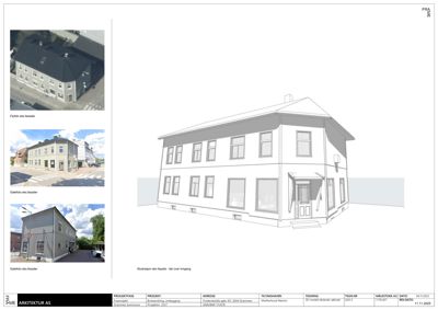 Bildet viser en tegning av fasaden til en bygning, sammen med tre fotografier av samme bygning fra ulike vinkler.
