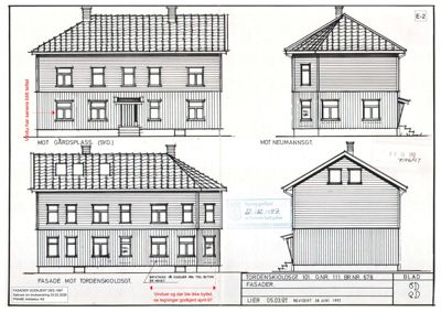 Fasadetegning som viser fire utsynsvinkler av en bygning: to frontfaser og to sidefaser.