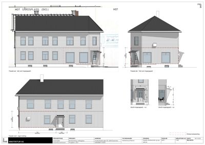Fasadetegning som viser bygningens utseende fra flere vinkler (sør, øst, nord) med mål og detaljer.