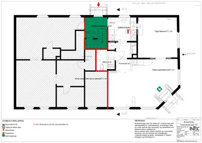 Etasjeplan eller romfordeling for en bolig, med merking av rom, trapp og brannklassifisering.